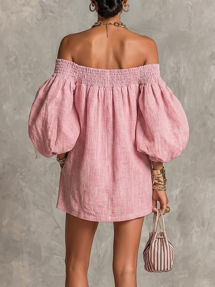 Violette | Mini vestido A-line rosa con mangas de farol y hombros descubiertos