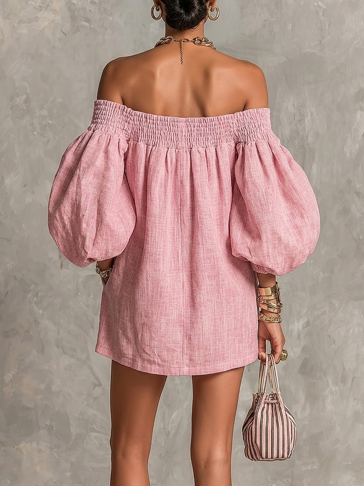 Violette | Mini vestido A-line rosa con mangas de farol y hombros descubiertos