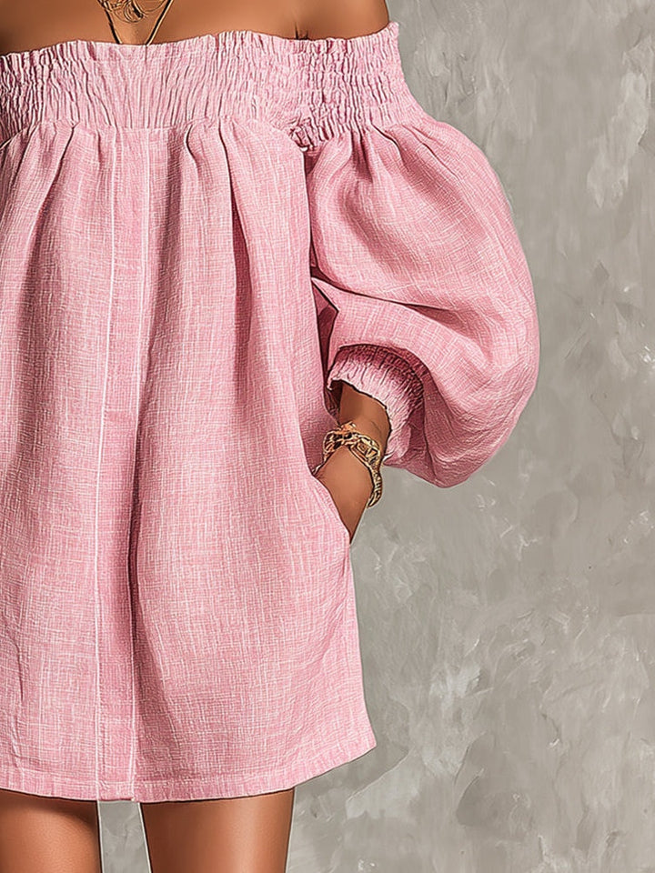 Violette | Mini vestido A-line rosa con mangas de farol y hombros descubiertos