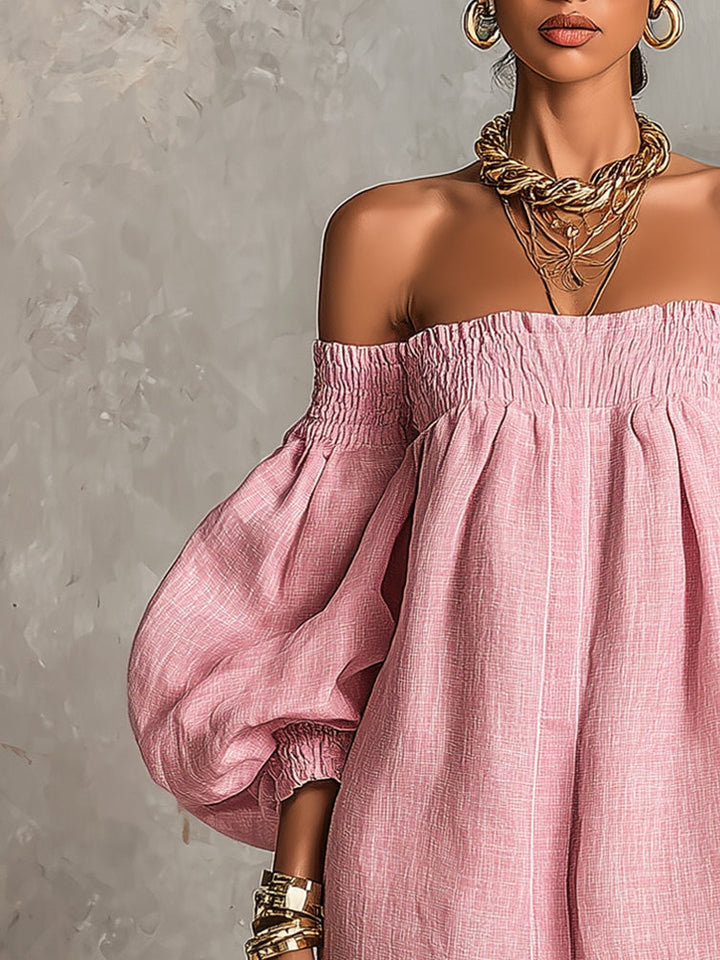 Violette | Mini vestido A-line rosa con mangas de farol y hombros descubiertos