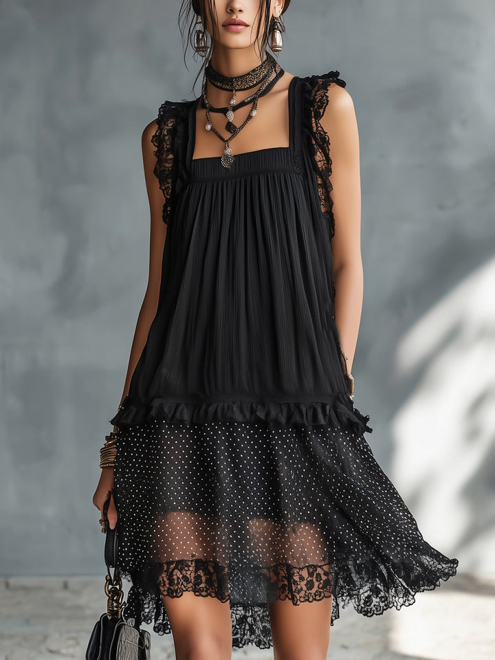 Pauline | Mini Vestido Transparente con Lunares, Volantes y Encaje Negro