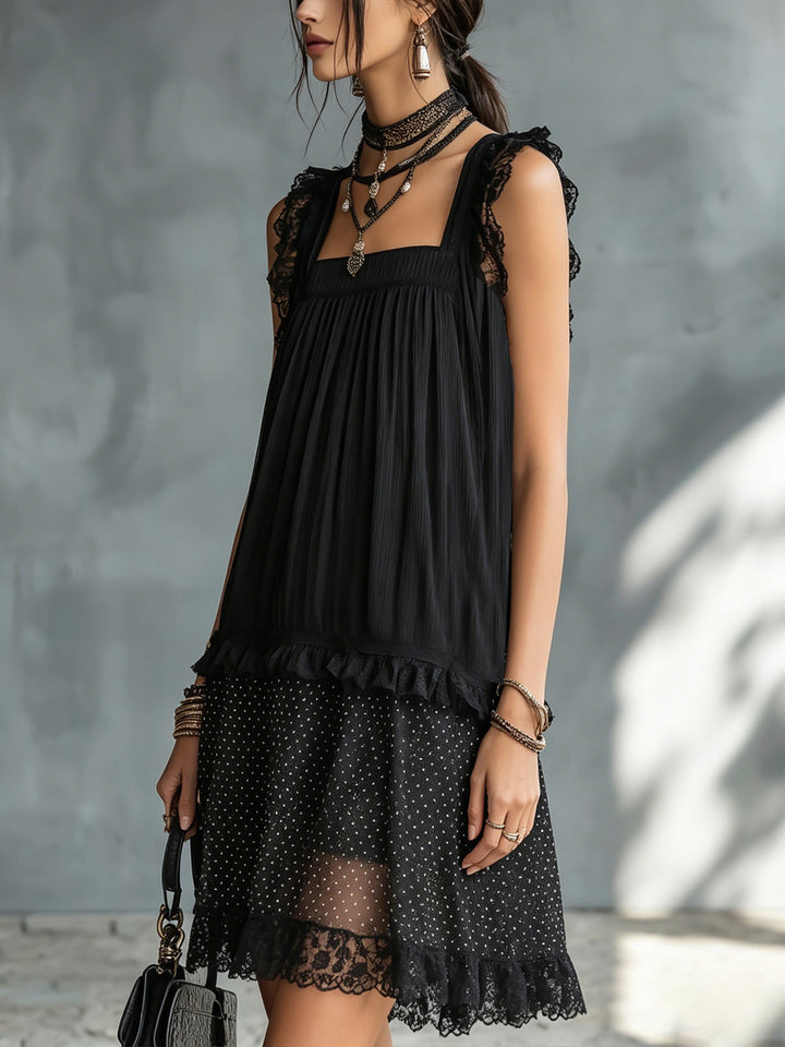 Pauline | Mini Vestido Transparente con Lunares, Volantes y Encaje Negro