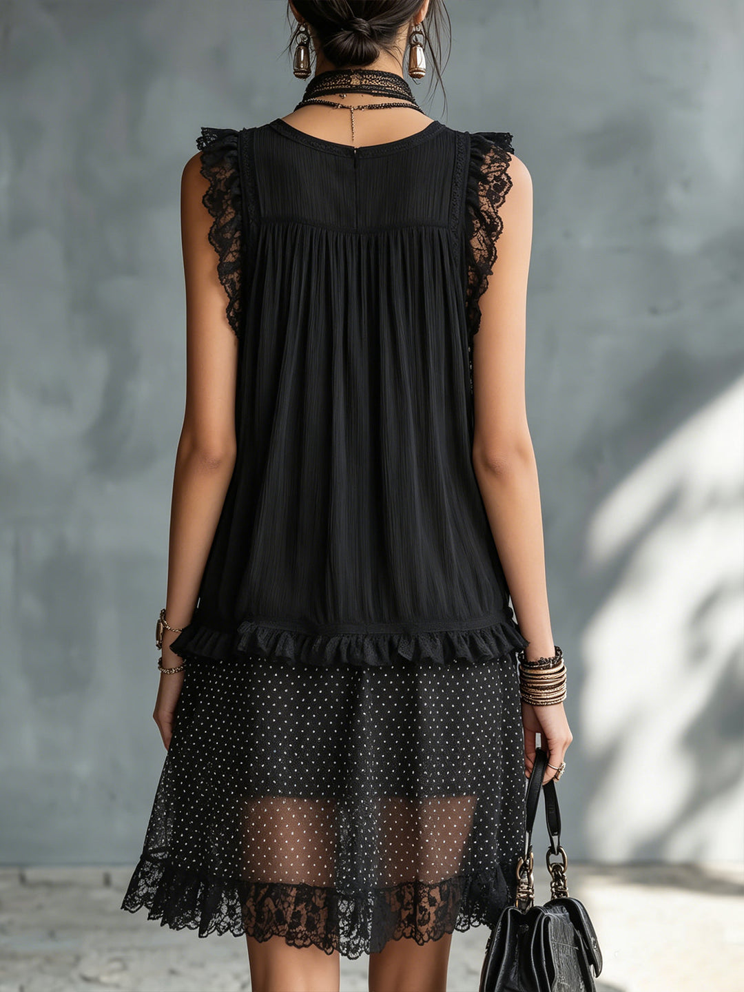 Pauline | Mini Vestido Transparente con Lunares, Volantes y Encaje Negro