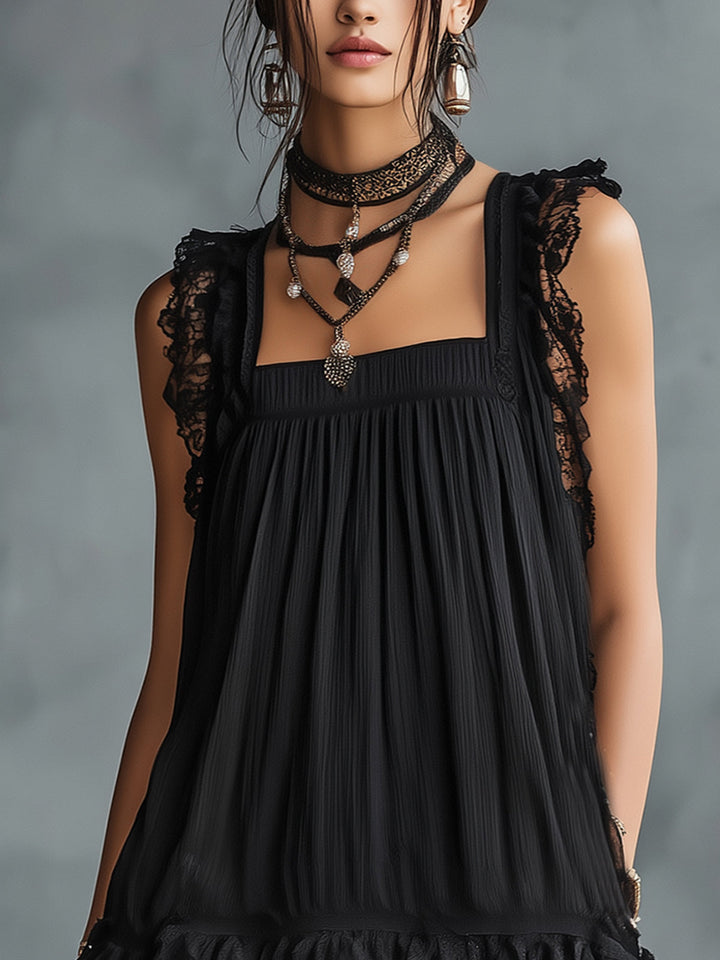 Pauline | Mini Vestido Transparente con Lunares, Volantes y Encaje Negro