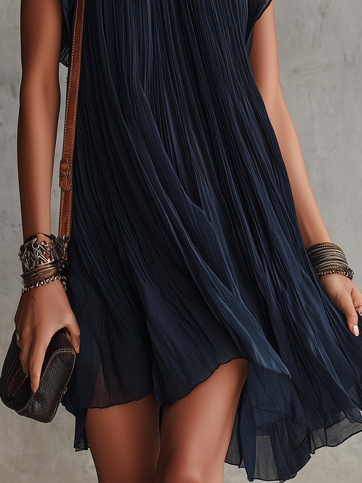 Apolline | Mini Plissé Vestido en Bordado de Muselina Azul Marino