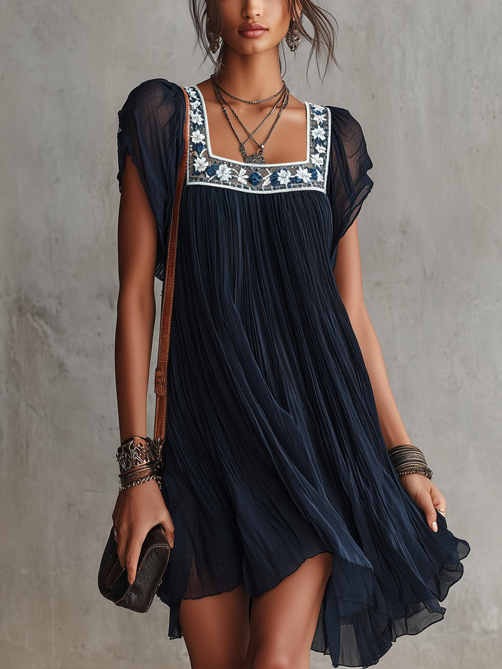 Apolline | Mini Plissé Vestido en Bordado de Muselina Azul Marino