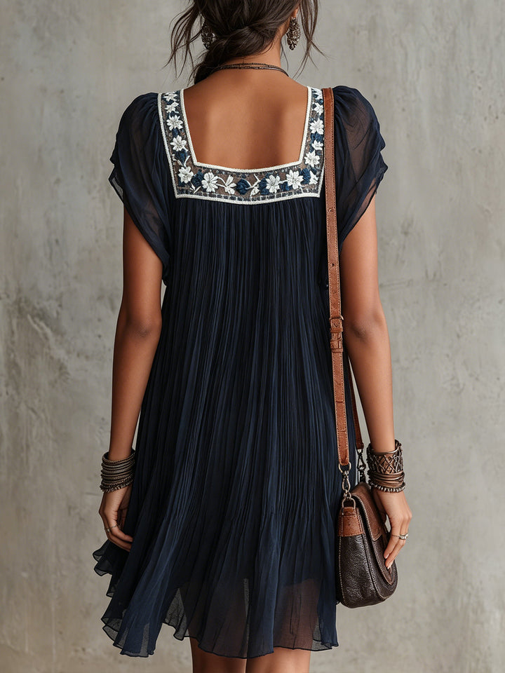 Apolline | Mini Plissé Vestido en Bordado de Muselina Azul Marino