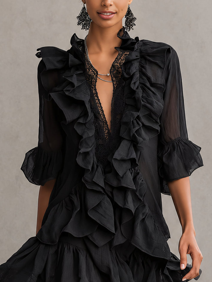 Anaïs | Mini Vestido de Muselina Negra con Volantes
