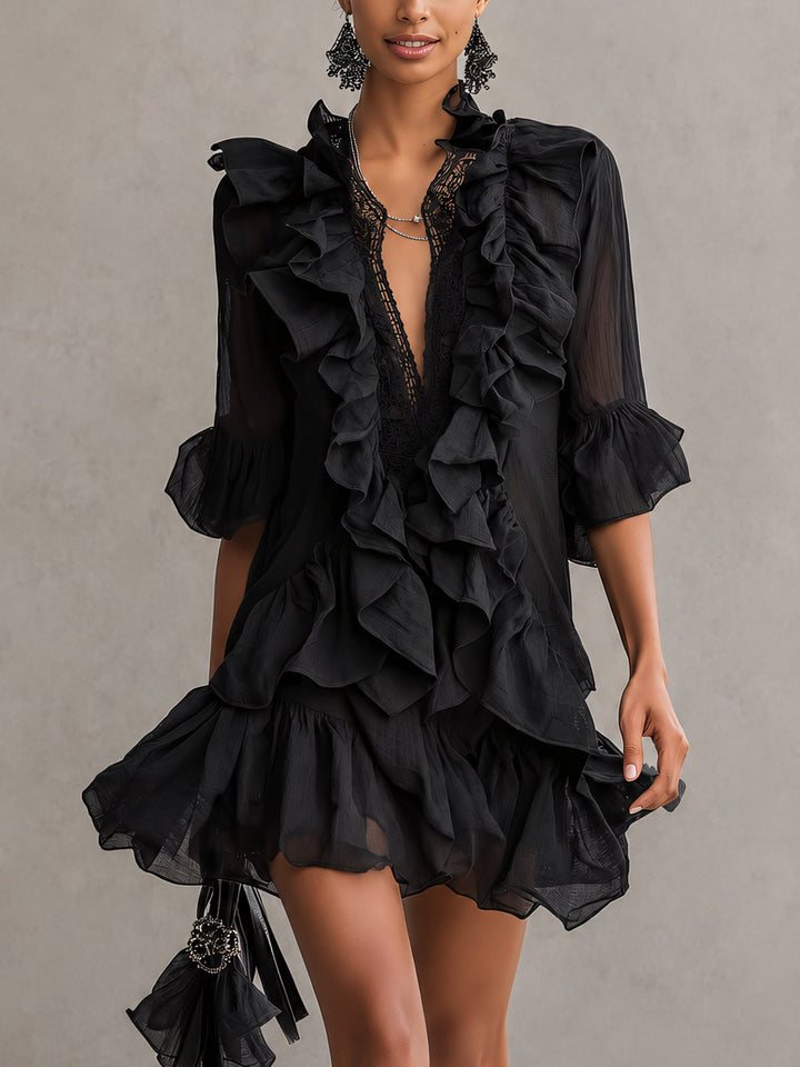 Anaïs | Mini Vestido de Muselina Negra con Volantes