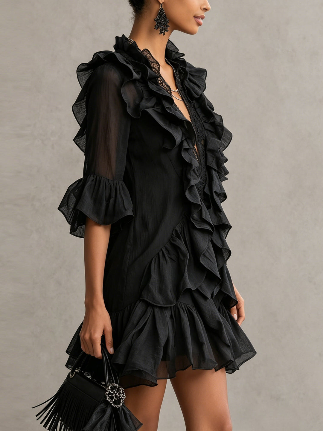 Anaïs | Mini Vestido de Muselina Negra con Volantes