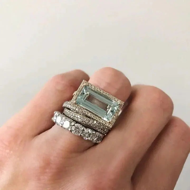 Conjunto de Anillos de Vidrio Turquesa Vintage en Plata