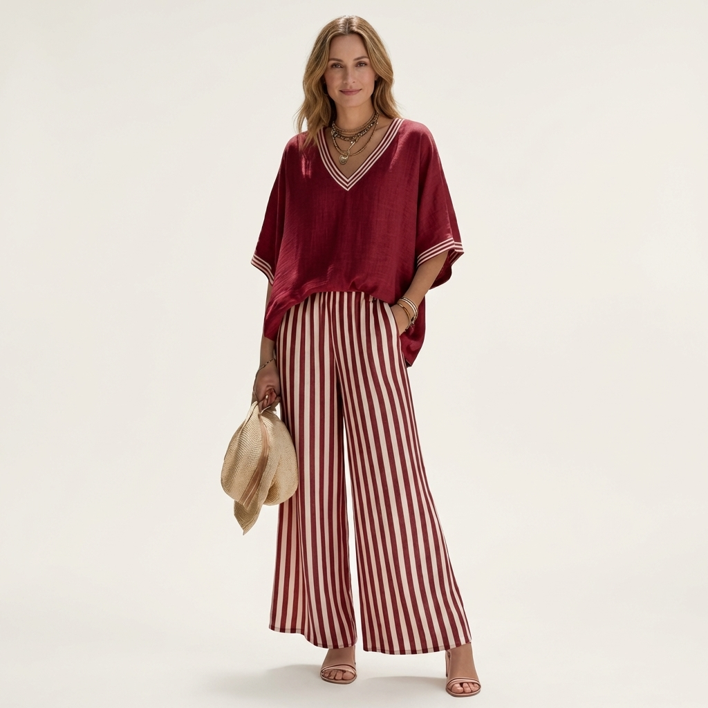 Juliana | Top Varsity de Cuello en V y Conjunto de Pantalón Ancho a Rayas