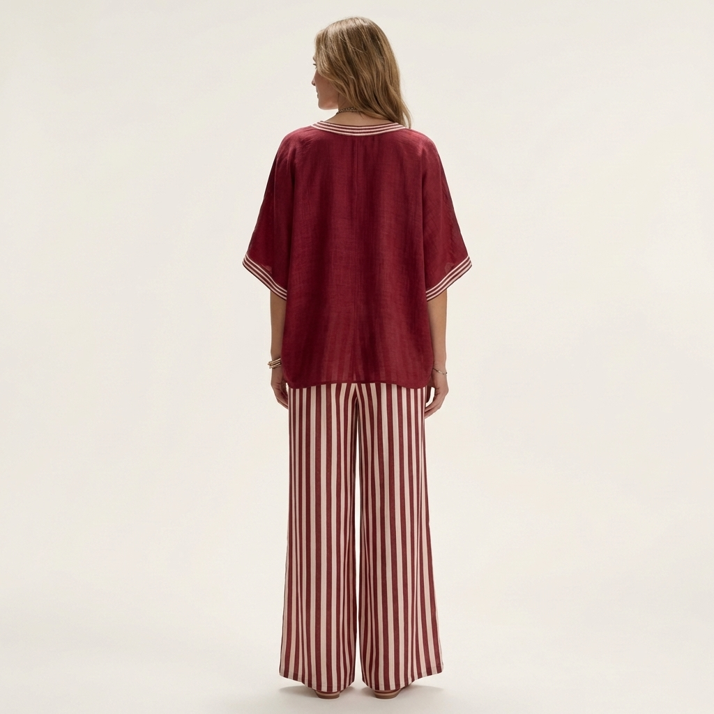 Juliana | Top Varsity de Cuello en V y Conjunto de Pantalón Ancho a Rayas