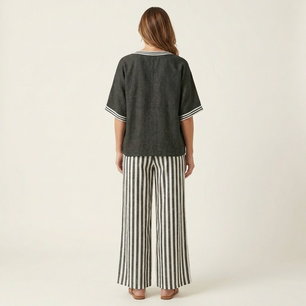 Juliana | Top Varsity de Cuello en V y Conjunto de Pantalón Ancho a Rayas