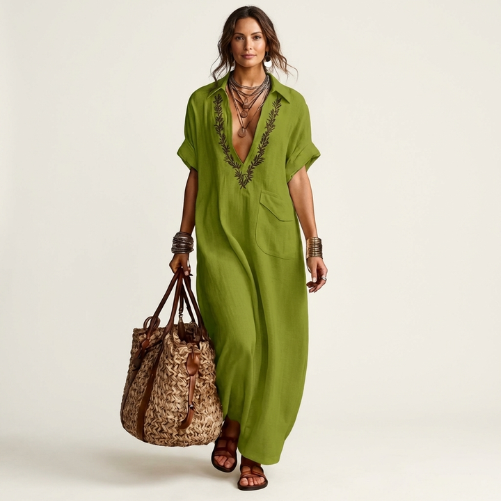 Amarina | Vestido Maxi con Cuello en V Bordado