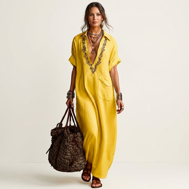 Amarina | Vestido Maxi con Cuello en V Bordado