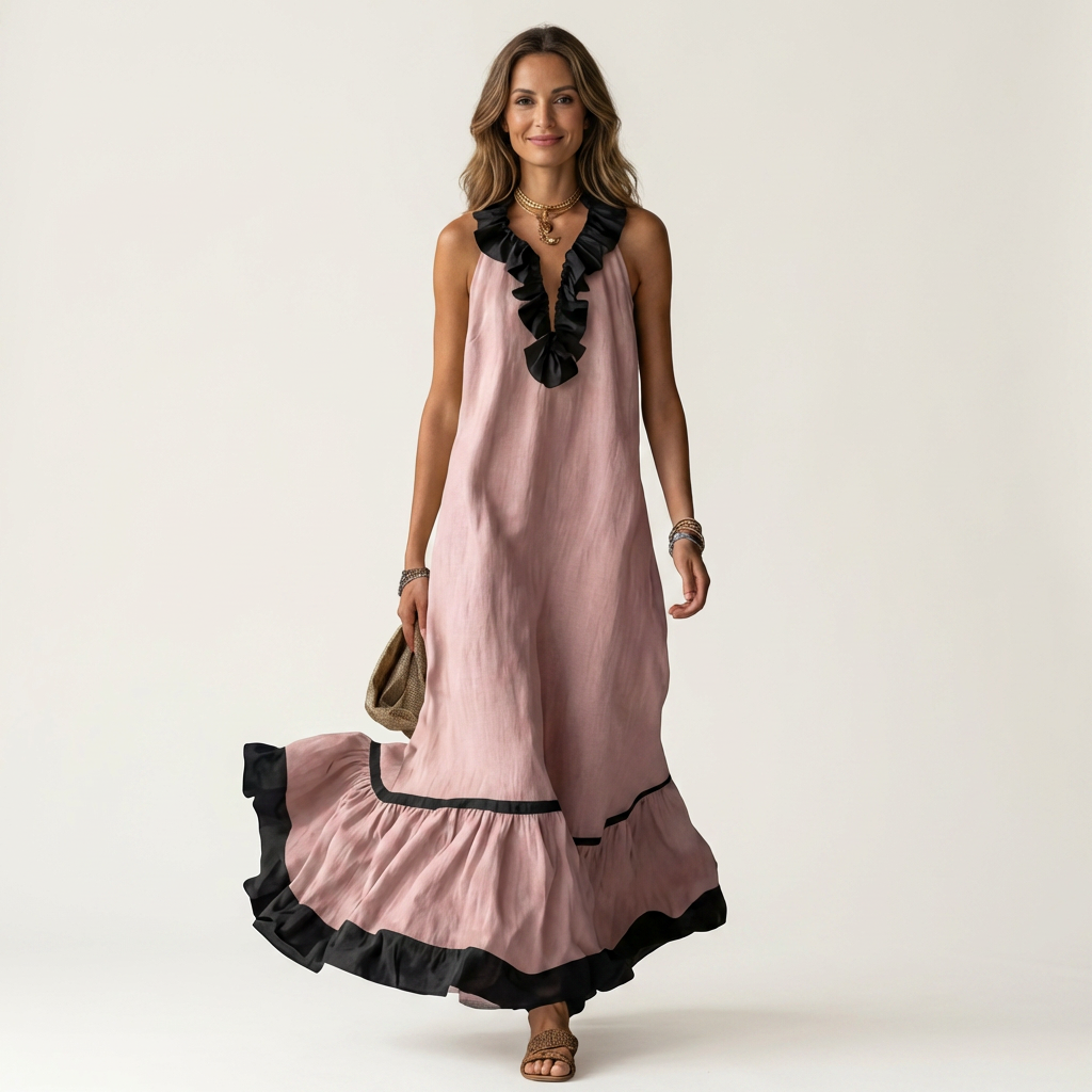 Mayline | Vestido Maxi Sin Mangas con Cuello Volante Contrastado