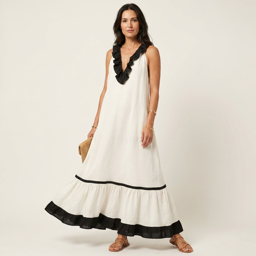 Mayline | Vestido Maxi Sin Mangas con Cuello Volante Contrastado