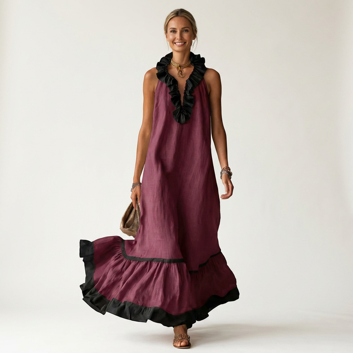 Mayline | Vestido Maxi Sin Mangas con Cuello Volante Contrastado