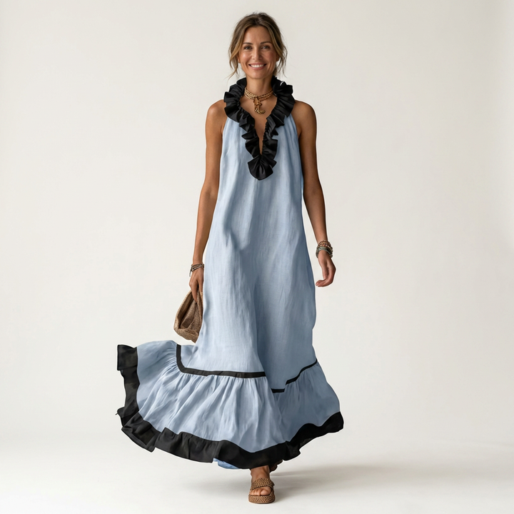 Mayline | Vestido Maxi Sin Mangas con Cuello Volante Contrastado