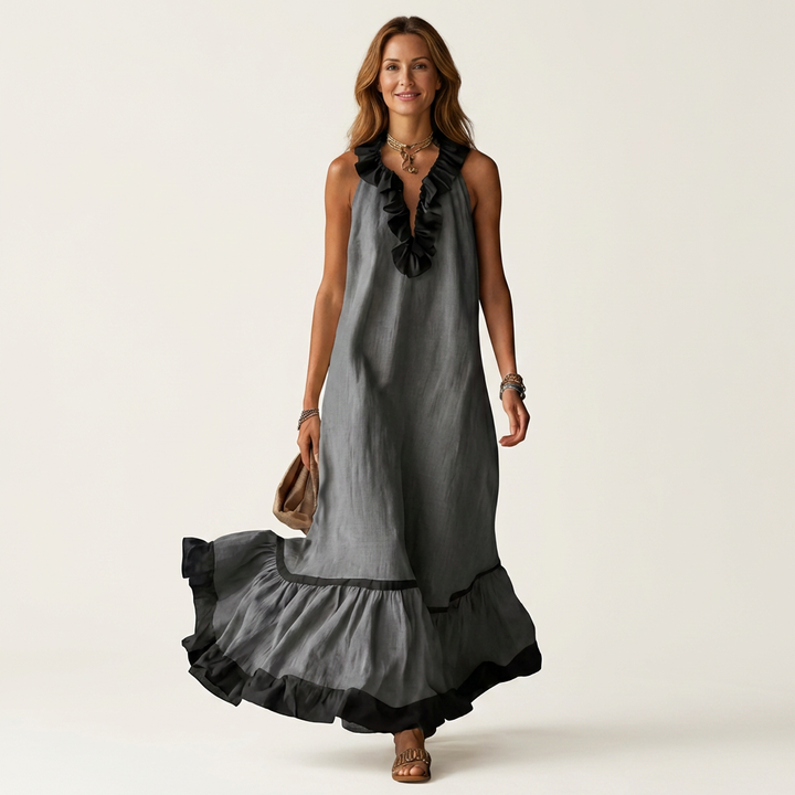 Mayline | Vestido Maxi Sin Mangas con Cuello Volante Contrastado