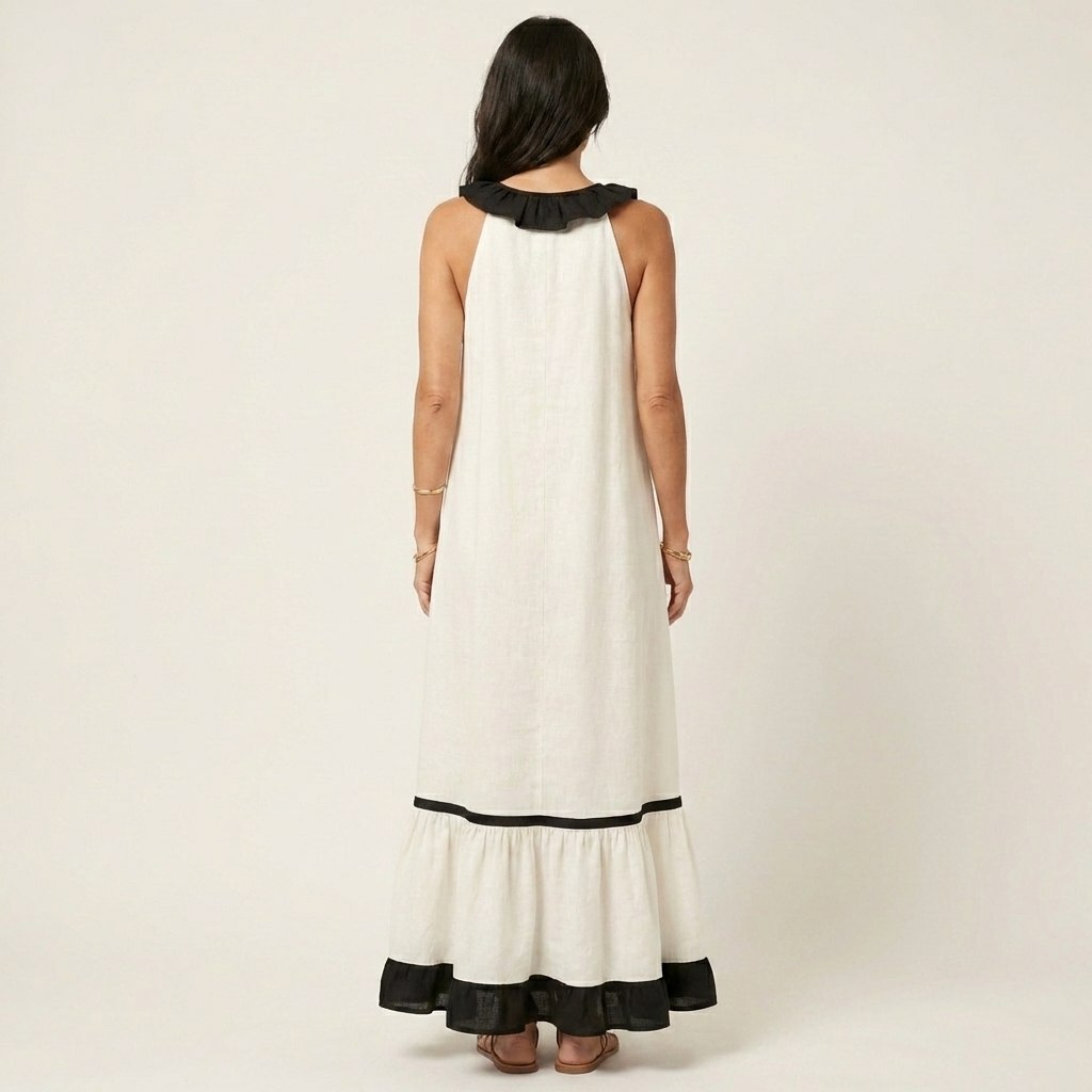 Mayline | Vestido Maxi Sin Mangas con Cuello Volante Contrastado