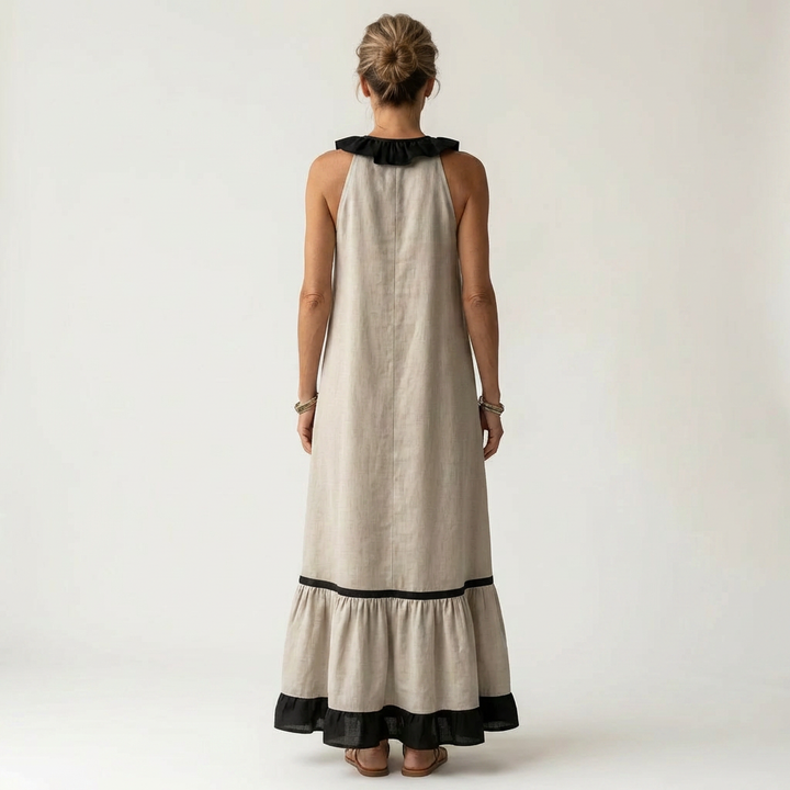 Mayline | Vestido Maxi Sin Mangas con Cuello Volante Contrastado