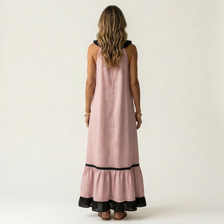 Mayline | Vestido Maxi Sin Mangas con Cuello Volante Contrastado
