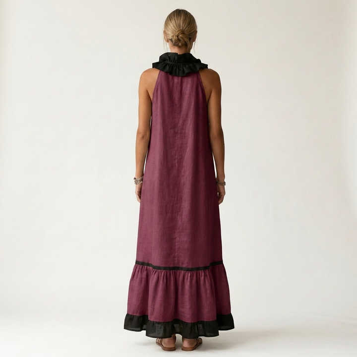 Mayline | Vestido Maxi Sin Mangas con Cuello Volante Contrastado