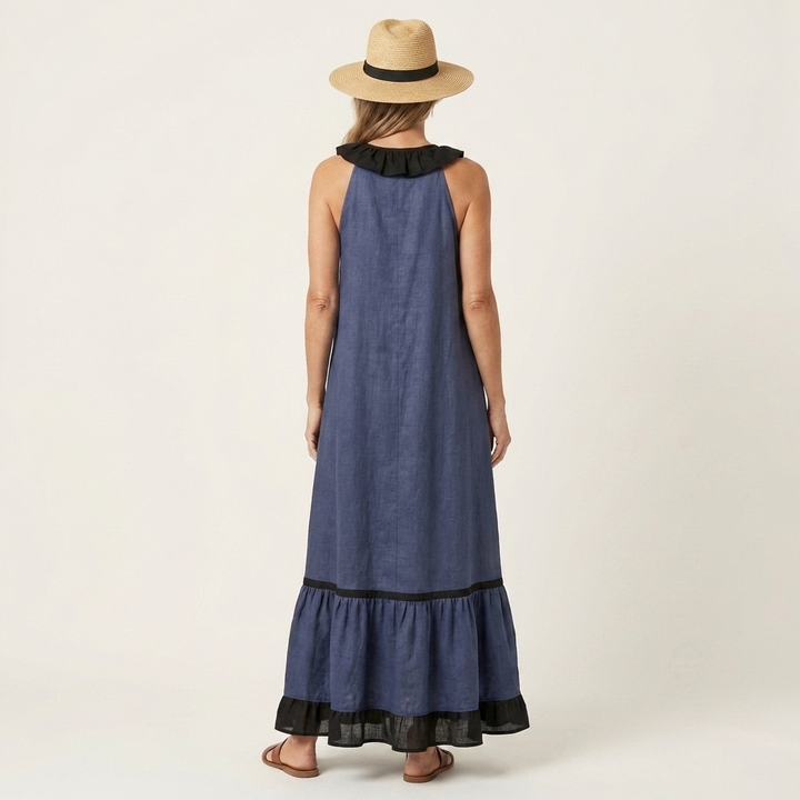 Mayline | Vestido Maxi Sin Mangas con Cuello Volante Contrastado