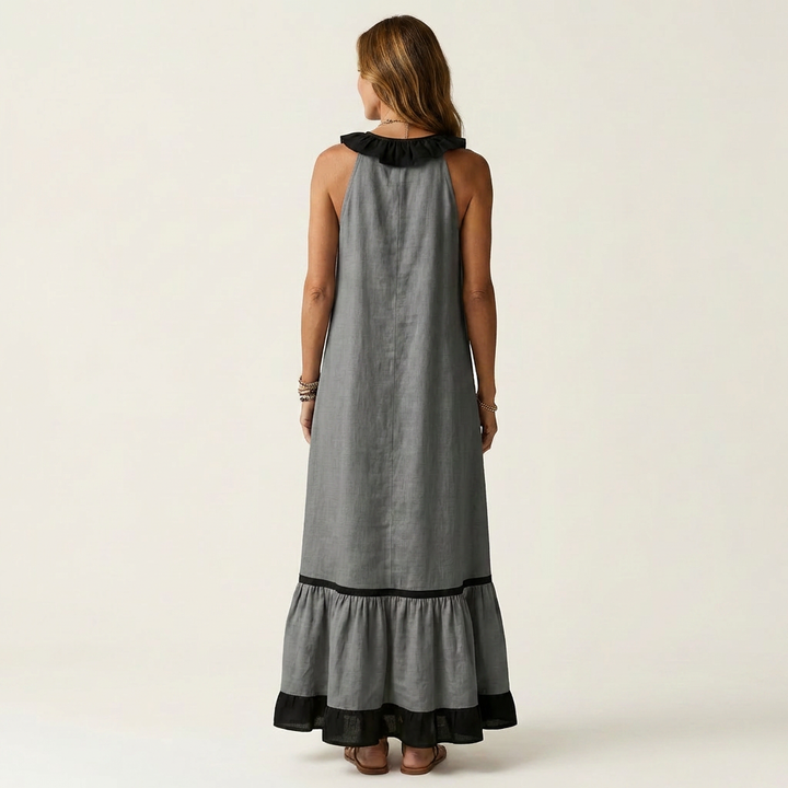 Mayline | Vestido Maxi Sin Mangas con Cuello Volante Contrastado