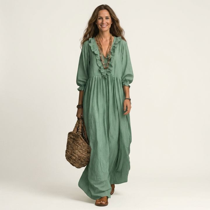 Yosetta | Vestido Maxi a Rayas con Escote en V con Volantes