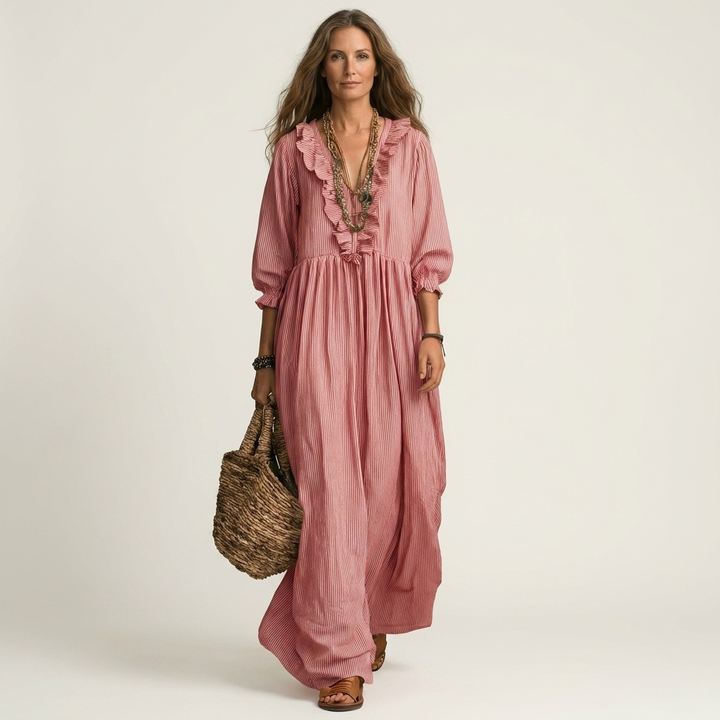 Yosetta | Vestido Maxi a Rayas con Escote en V con Volantes