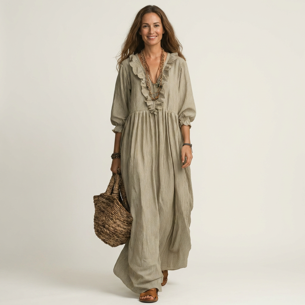 Yosetta | Vestido Maxi a Rayas con Escote en V con Volantes