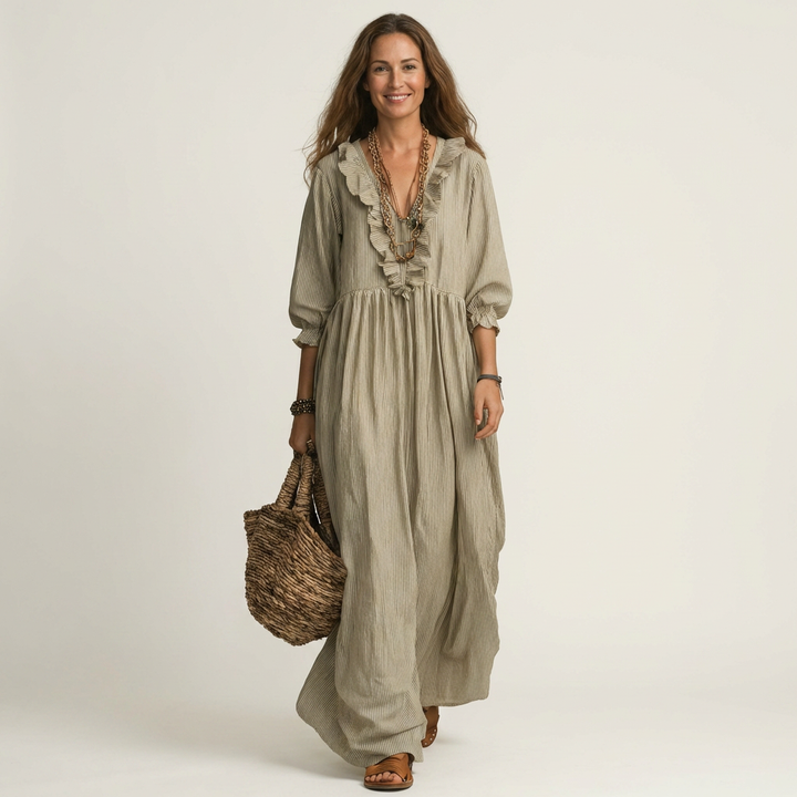 Yosetta | Vestido Maxi a Rayas con Escote en V con Volantes