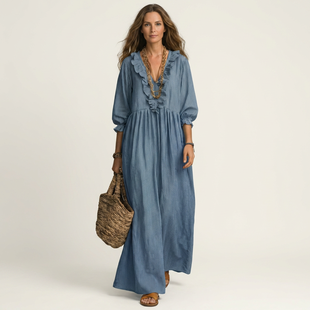 Yosetta | Vestido Maxi a Rayas con Escote en V con Volantes