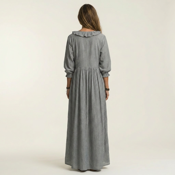 Yosetta | Vestido Maxi a Rayas con Escote en V con Volantes