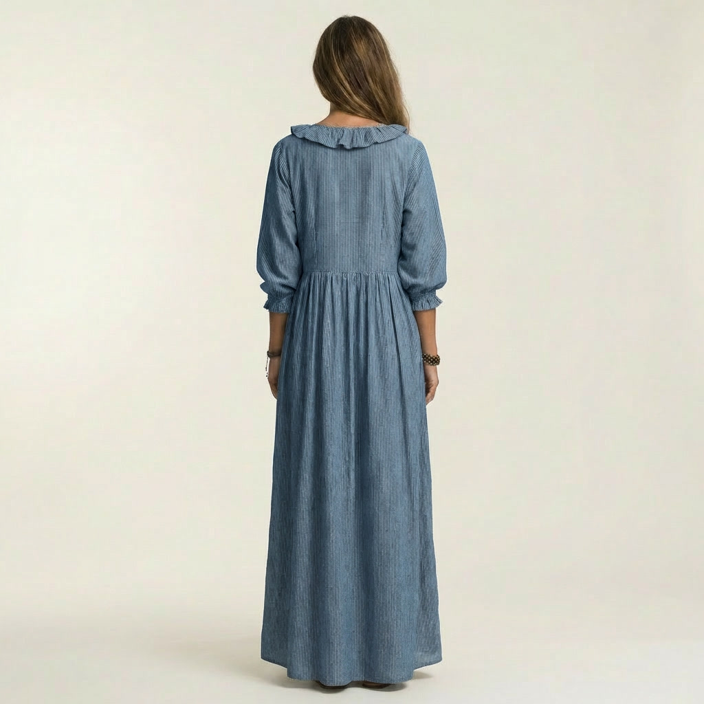 Yosetta | Vestido Maxi a Rayas con Escote en V con Volantes