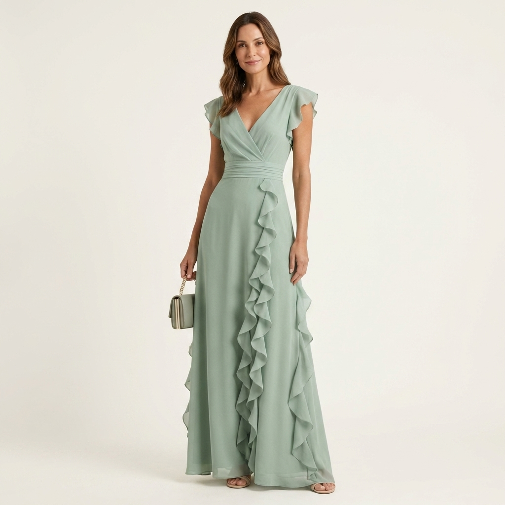 Nellyana | Vestido Maxi con Escote en V en Wrap con Mangas Flutter y Volantes Cascadantes