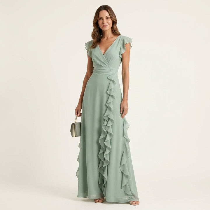 Nellyana | Vestido Maxi con Escote en V en Wrap con Mangas Flutter y Volantes Cascadantes