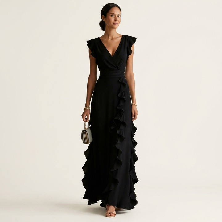 Nellyana | Vestido Maxi con Escote en V en Wrap con Mangas Flutter y Volantes Cascadantes