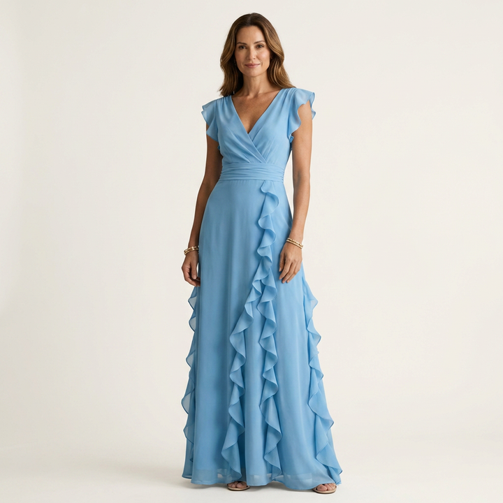 Nellyana | Vestido Maxi con Escote en V en Wrap con Mangas Flutter y Volantes Cascadantes