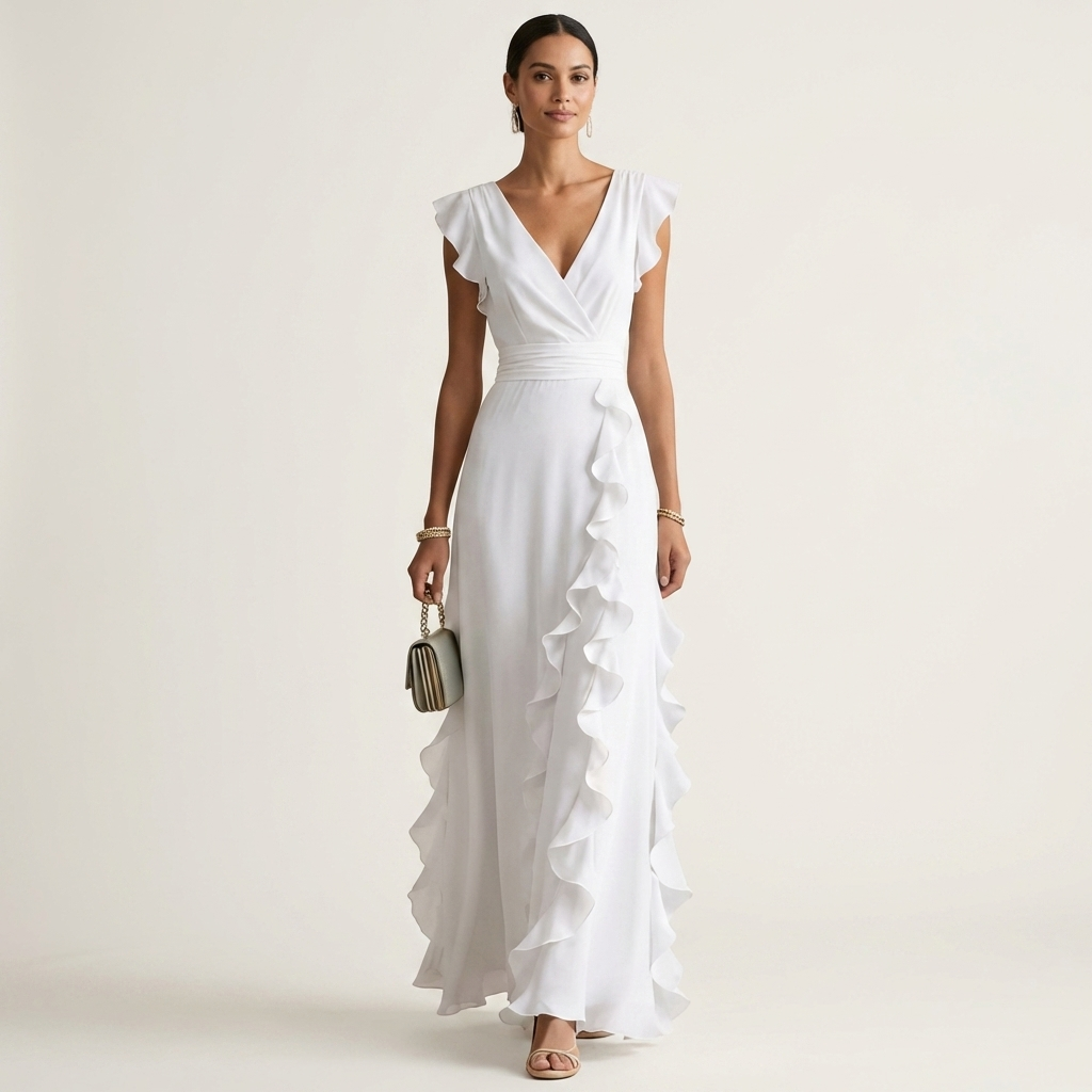 Nellyana | Vestido Maxi con Escote en V en Wrap con Mangas Flutter y Volantes Cascadantes