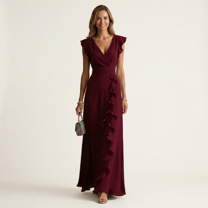 Nellyana | Vestido Maxi con Escote en V en Wrap con Mangas Flutter y Volantes Cascadantes