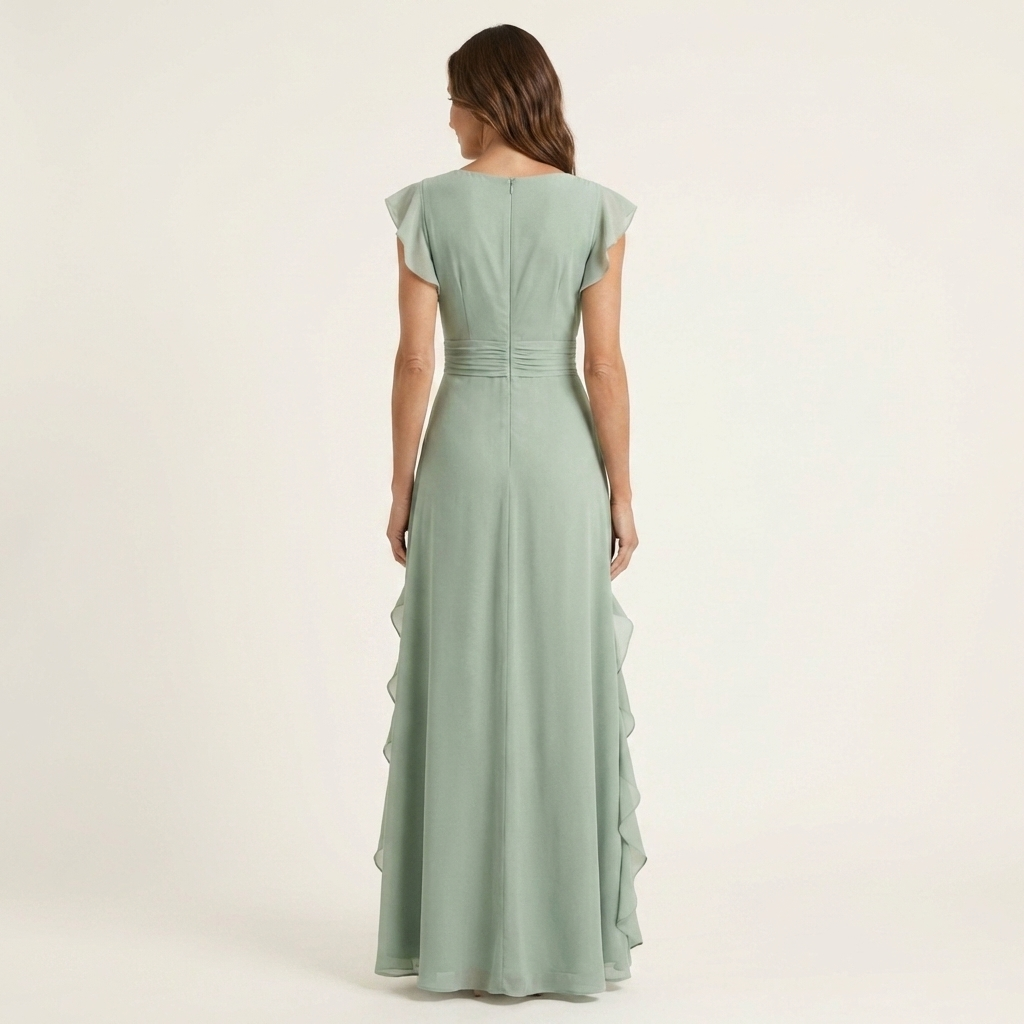 Nellyana | Vestido Maxi con Escote en V en Wrap con Mangas Flutter y Volantes Cascadantes
