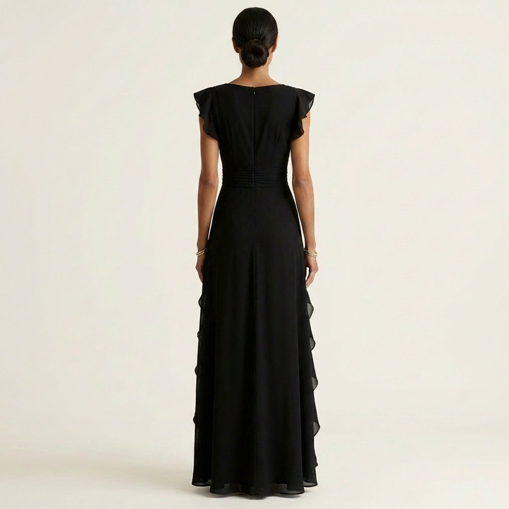 Nellyana | Vestido Maxi con Escote en V en Wrap con Mangas Flutter y Volantes Cascadantes