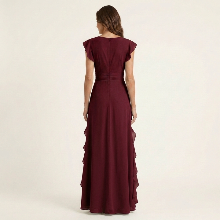 Nellyana | Vestido Maxi con Escote en V en Wrap con Mangas Flutter y Volantes Cascadantes