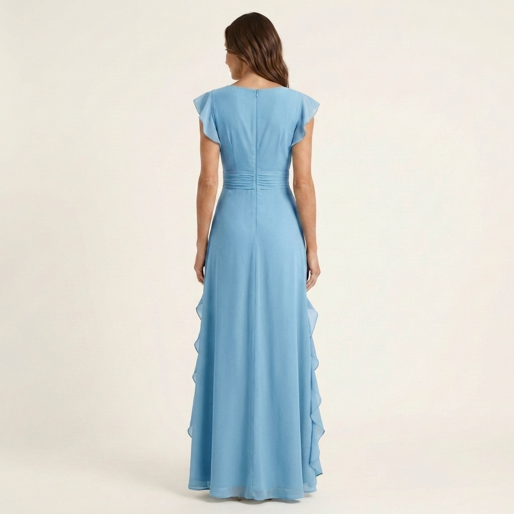 Nellyana | Vestido Maxi con Escote en V en Wrap con Mangas Flutter y Volantes Cascadantes