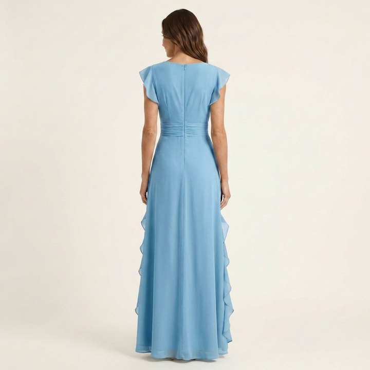 Nellyana | Vestido Maxi con Escote en V en Wrap con Mangas Flutter y Volantes Cascadantes