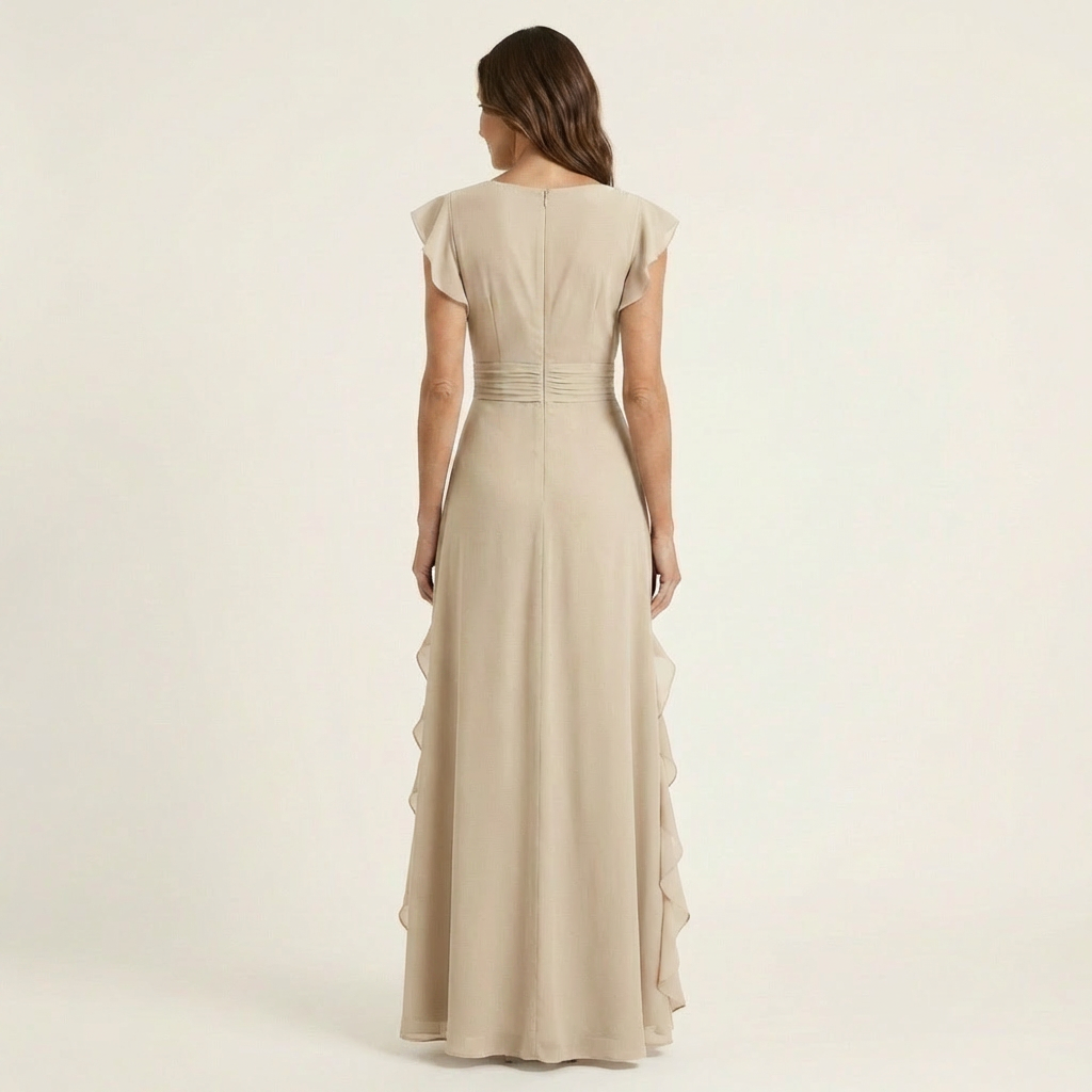 Nellyana | Vestido Maxi con Escote en V en Wrap con Mangas Flutter y Volantes Cascadantes